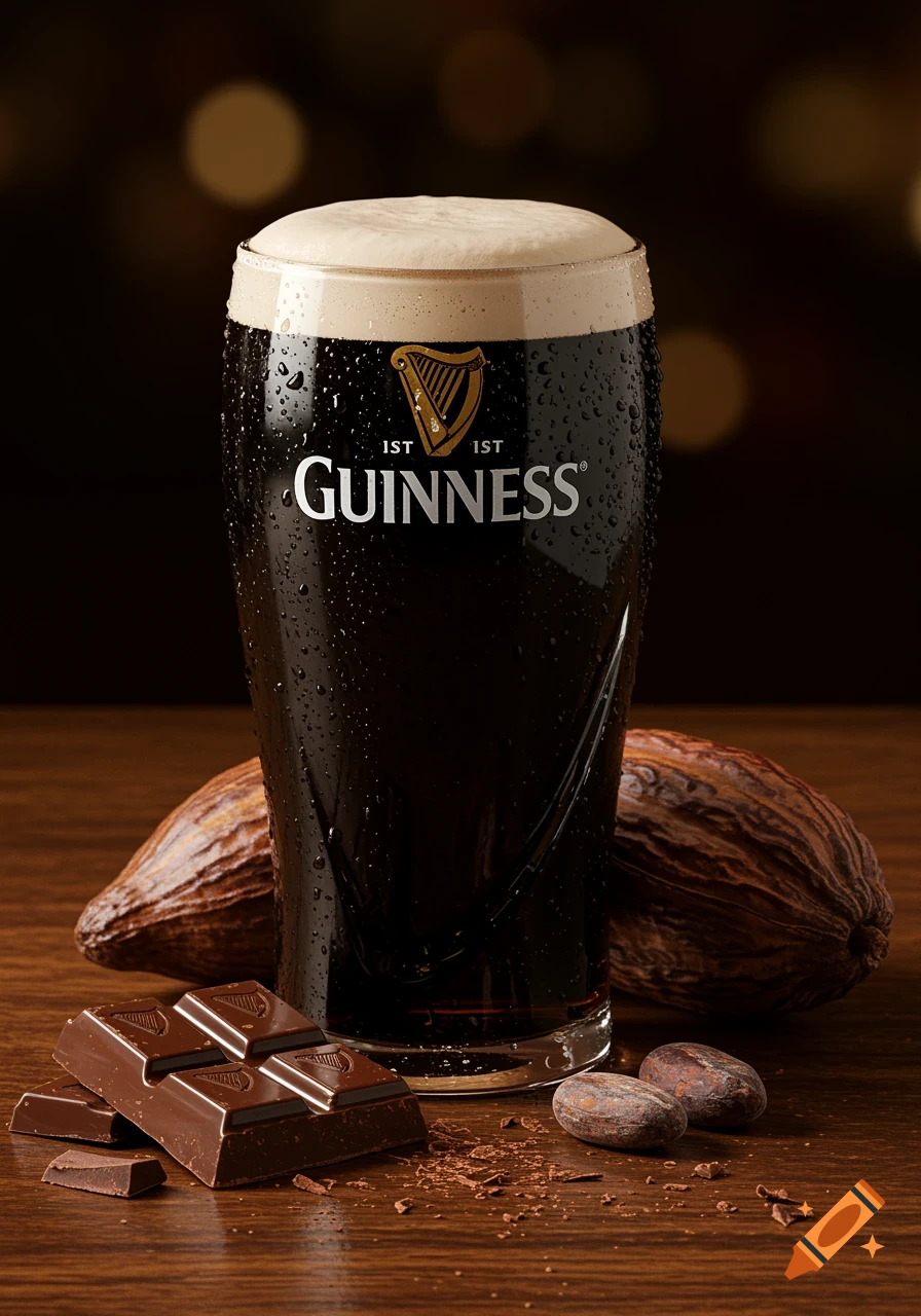 A chilled glass of Guinness beer with a creamy head and condensation, next to chocolate bars and cacao pods on a wooden surface.