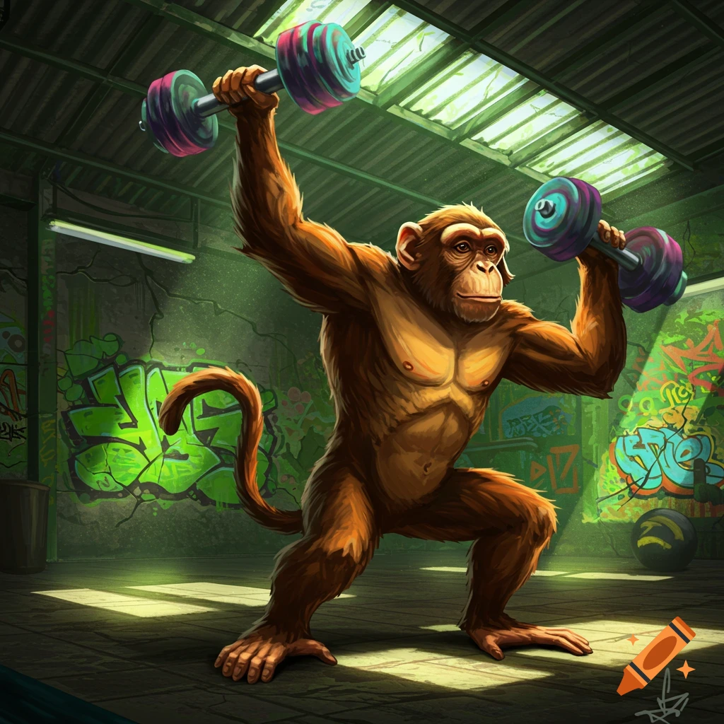 A muscular brown chimpanzee lifts two colorful dumbbells overhead in a grungy gym with graffiti-covered walls.