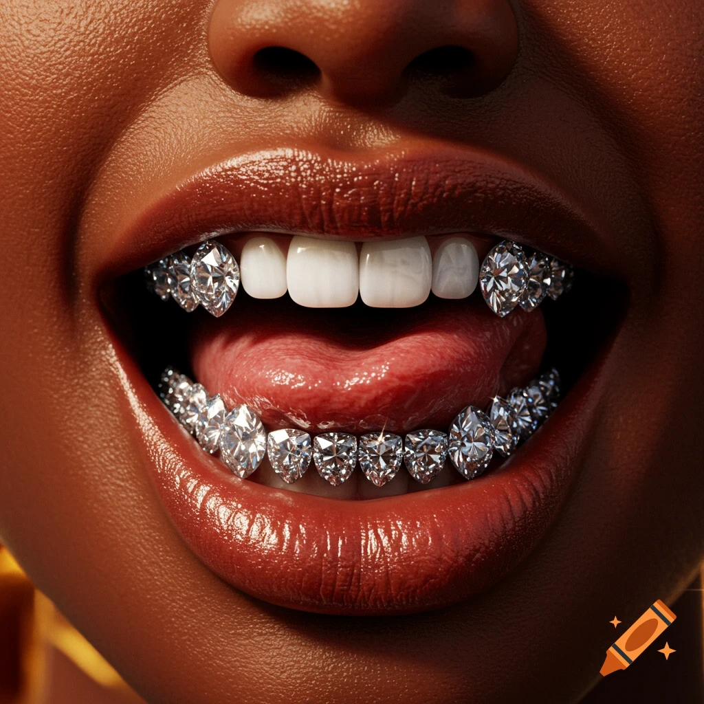 Close-up of a dark-skinned mouth smiling, revealing white teeth with sparkling diamond grillz and a tongue.