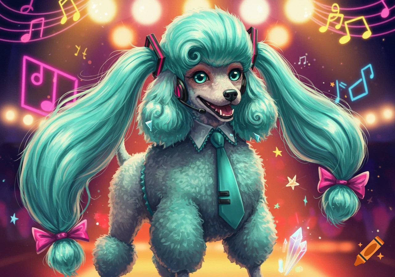 A poodle dressed as Hatsune Miku, with long turquoise pigtails, a tie, and a headset, on a stage with musical notes.