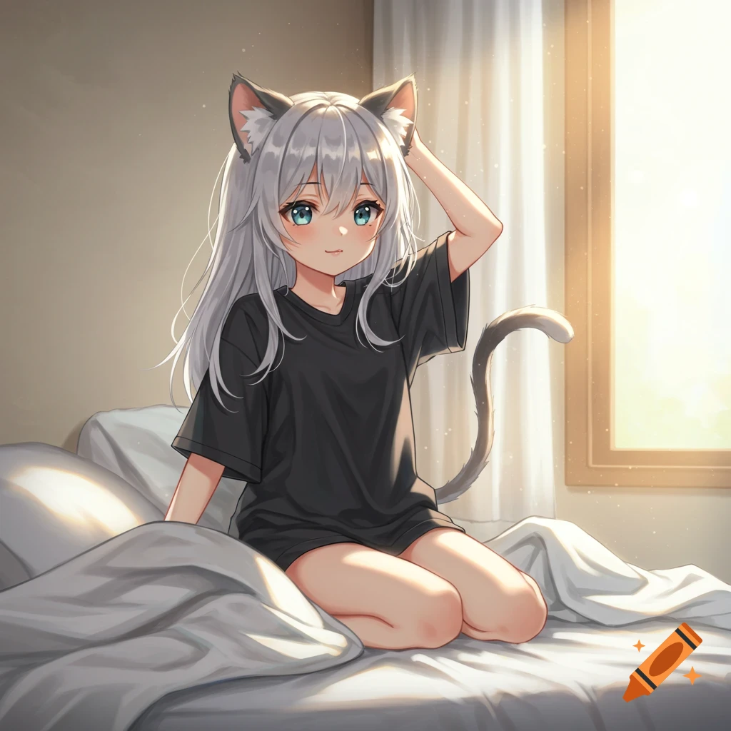 An anime girl with silver hair, blue eyes, cat ears, and a tail sits on a bed wearing an oversized black t-shirt, bathed in sunlight from a window.