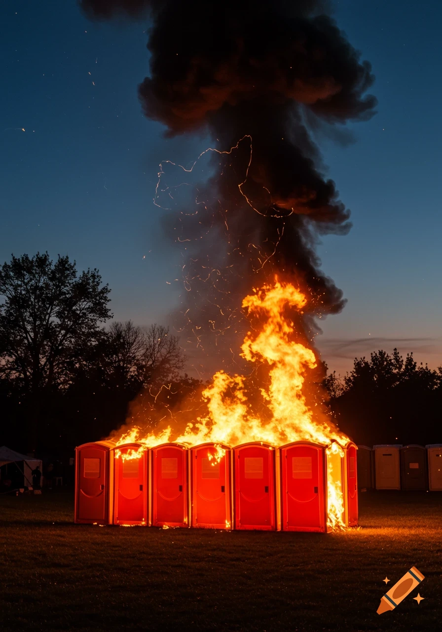 Orange portable toilets are engulfed in a large fire at night, with thick black smoke rising into the dark sky.