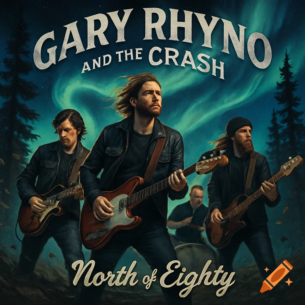 Album cover for Gary Rhyno and the Crash, 'North of Eighty,' showing a rock band with guitars and a drummer under the northern lights.