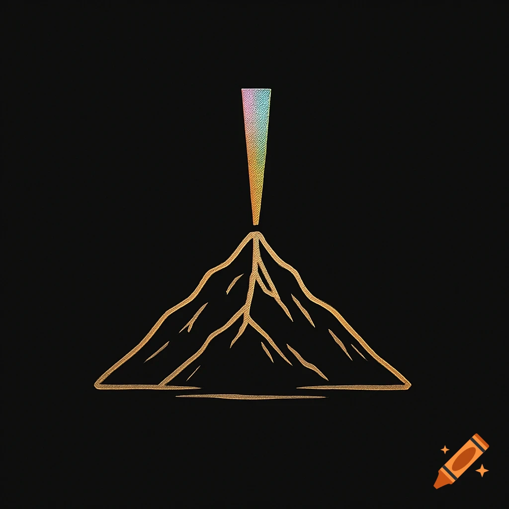 A minimalist golden outline logo of a mountain with a rainbow-colored prismatic beam rising from its peak on a black background.