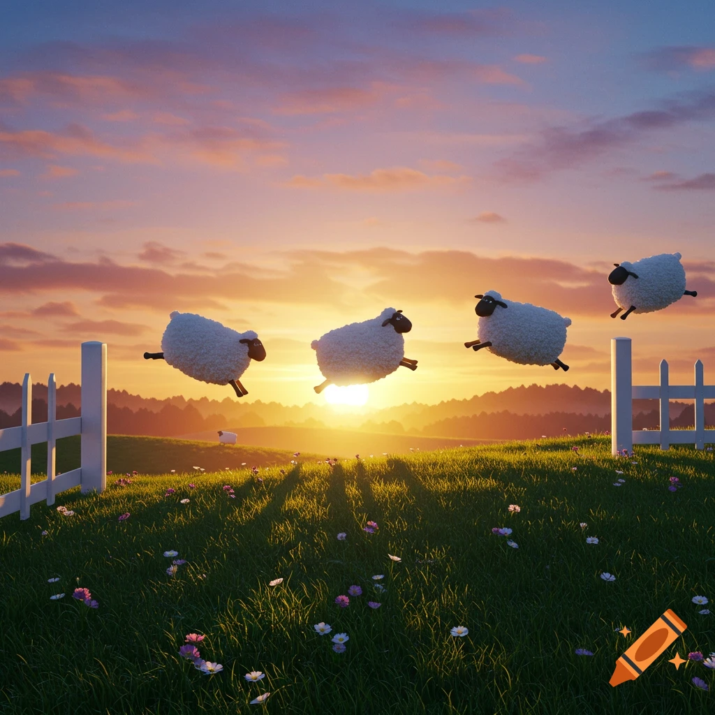 Cartoon sheep jump over a white picket fence in a vibrant green field with small flowers, under a brilliant sunset sky.