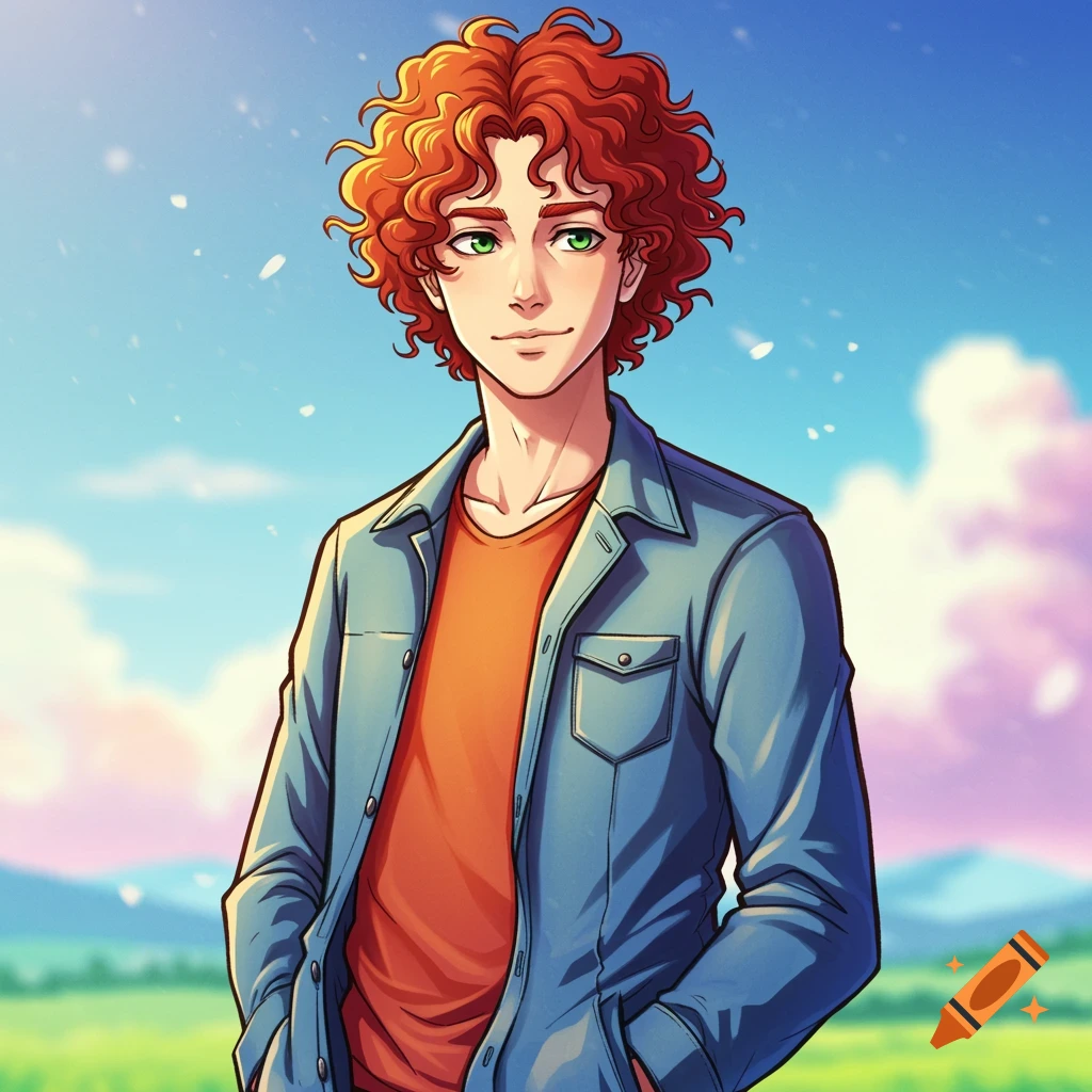 An anime-style portrait of a young man with curly red hair and green eyes, wearing a blue shirt, against a bright sky.