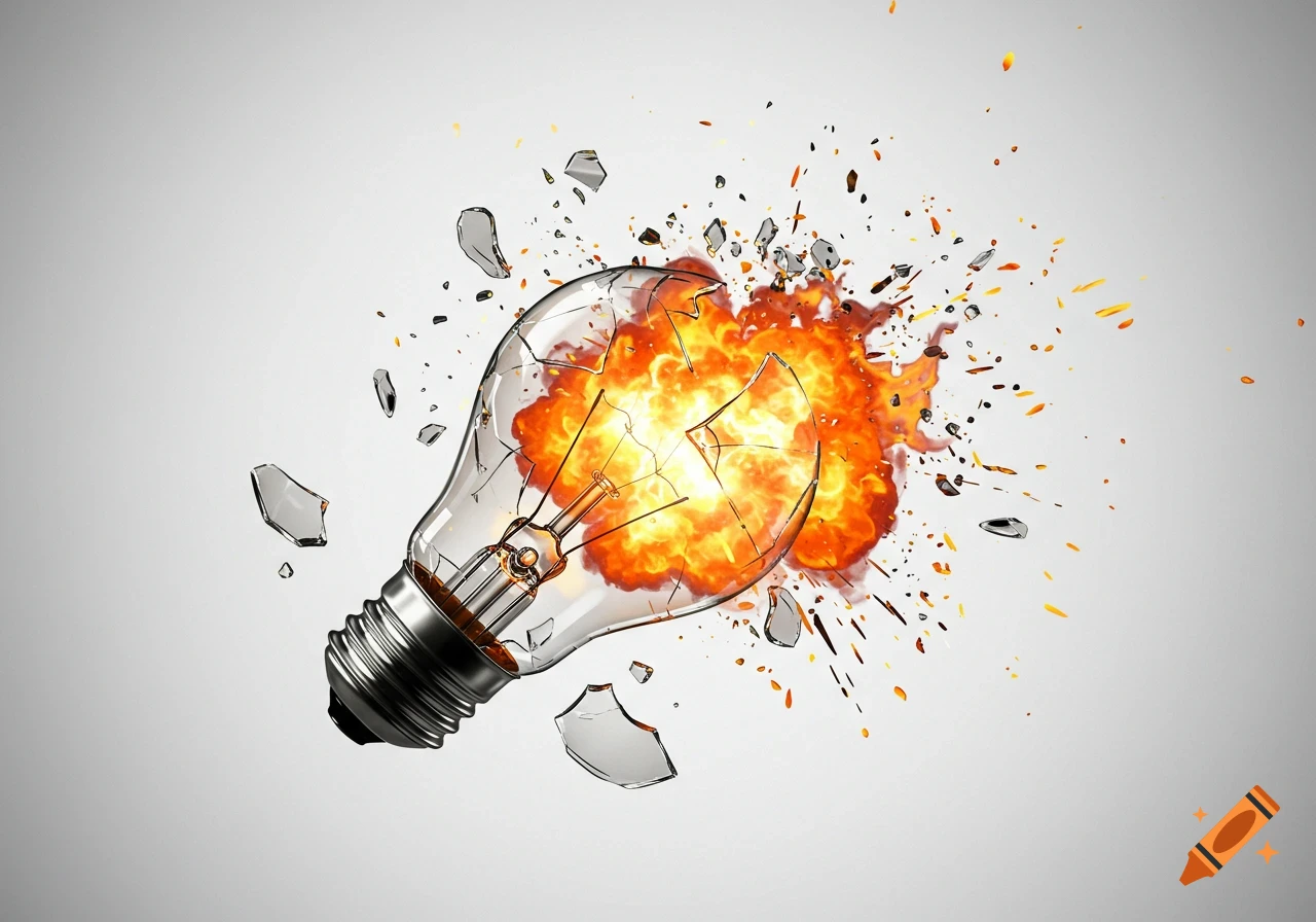 A glass lightbulb explodes with orange flames and flying glass shards against a grey background.