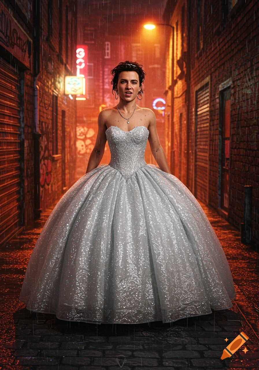 Photorealistic image of a person in a shimmering silver ball gown standing in a rainy, neon-lit city alley.