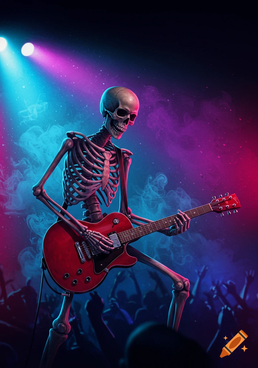 A skeletal figure plays a red electric guitar on stage, illuminated by bright blue and pink spotlights with smoke, in front of a silhouetted crowd.