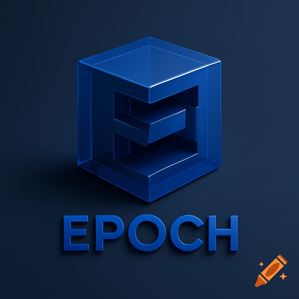 A glossy blue 3D cube with a hollowed-out 'E' and the word 'EPOCH' below it on a dark background.