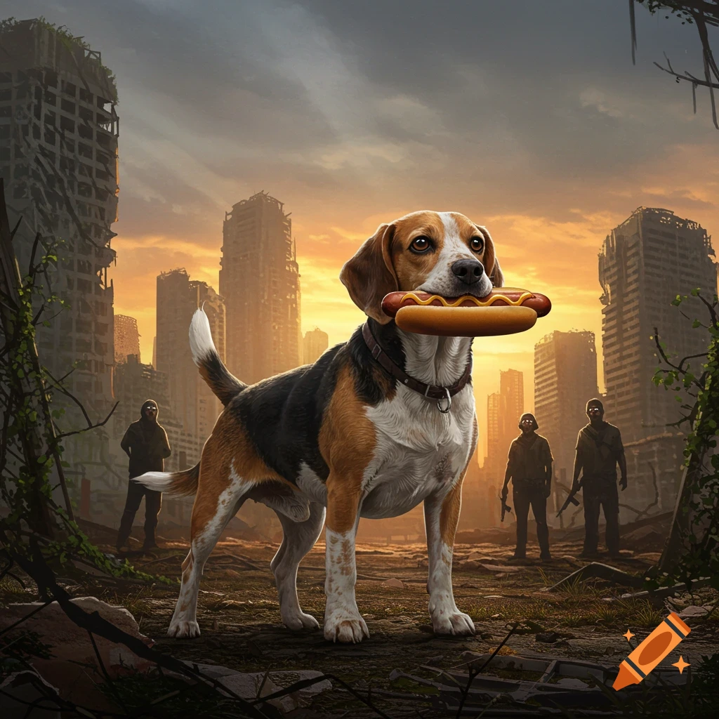A beagle/lab mix dog stands in a ruined city, holding a hot dog in its mouth, with three human figures in the background.
