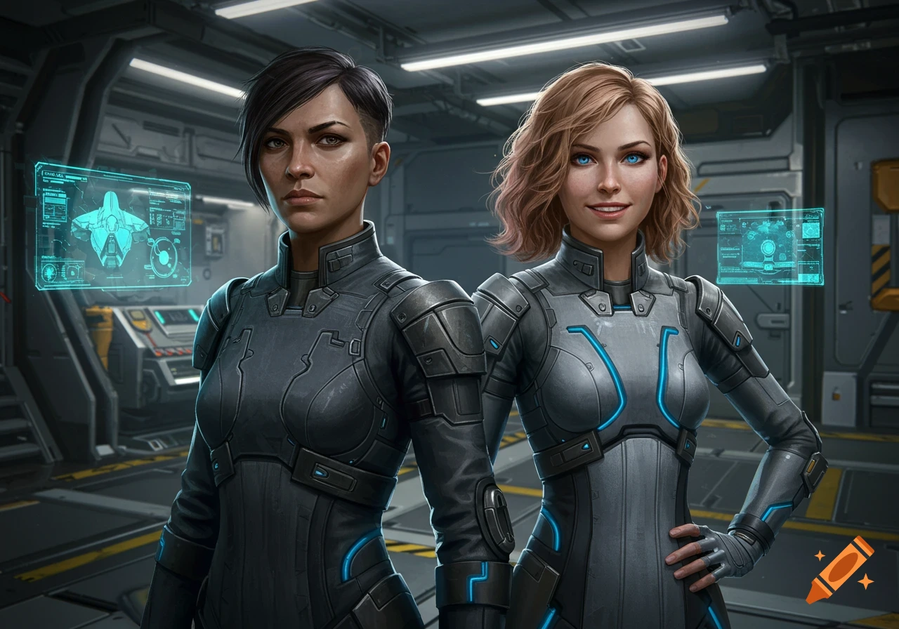 Two women in futuristic flight suits stand in a sci-fi spaceship interior with holographic screens. The woman on the left has short dark hair and a serious expression. The woman on the right has wavy light brown hair, blue eyes, and a slight smile.