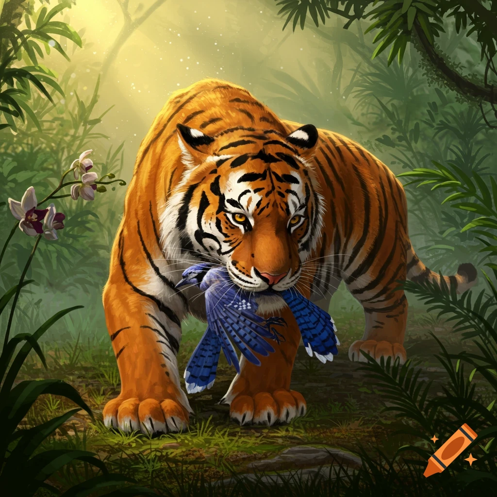 An illustrated tiger holds a blue jay in its mouth, walking through a lush jungle.