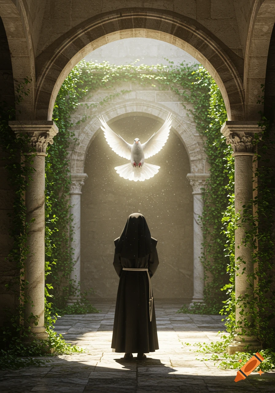 A nun in a black habit stands with her back to the viewer, facing a glowing white dove flying under a sunlit stone archway covered in ivy.