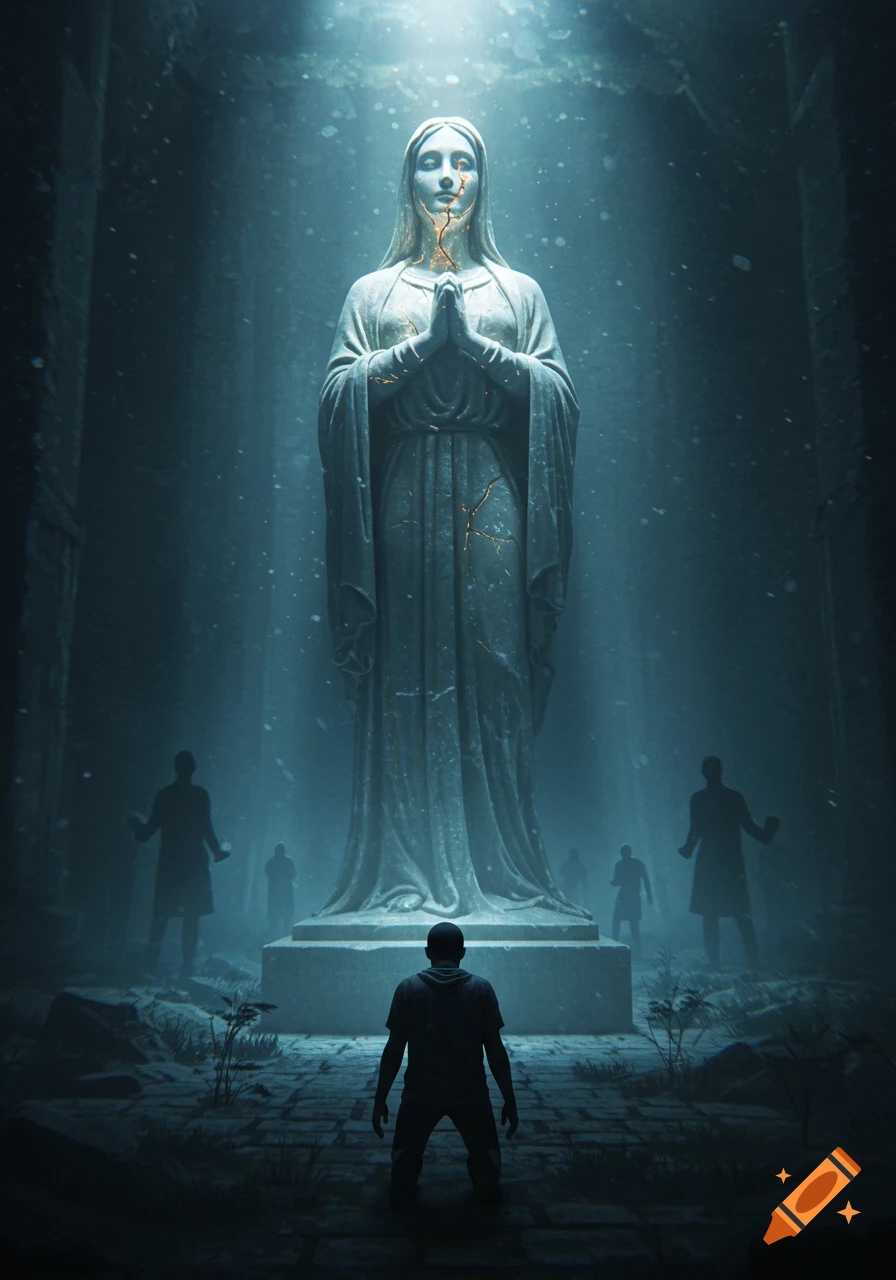 A person kneels before a glowing, cracked statue of a robed woman in a dark, atmospheric setting with other figures in the background.