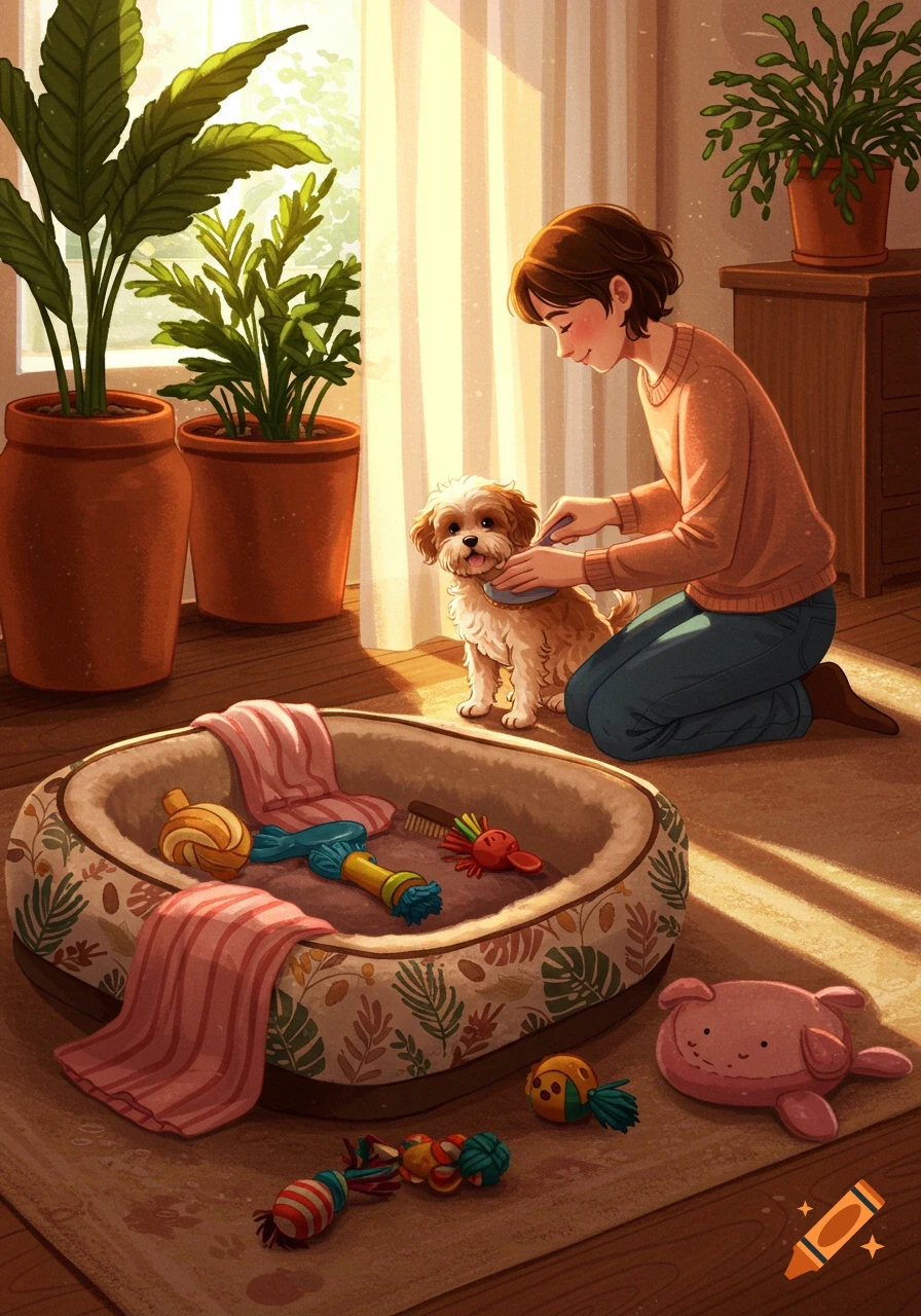 Illustration of a person grooming a small dog in a sunlit room with plants and pet toys.