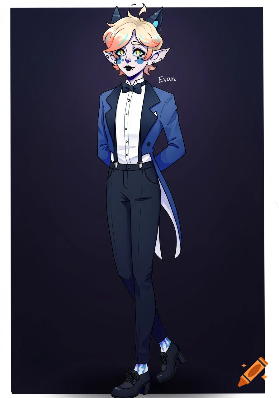 Anime-style character Evan in a blue tuxedo with cat ears, fangs, and suspenders, on a dark background.
