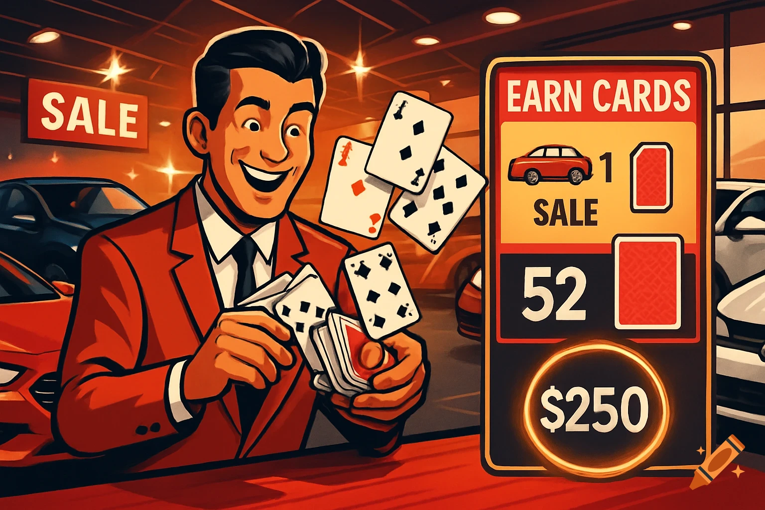 A smiling man in a suit holds playing cards, with more cards floating around him, in a car dealership with signs for "SALE" and "EARN CARDS" for a $250 prize.