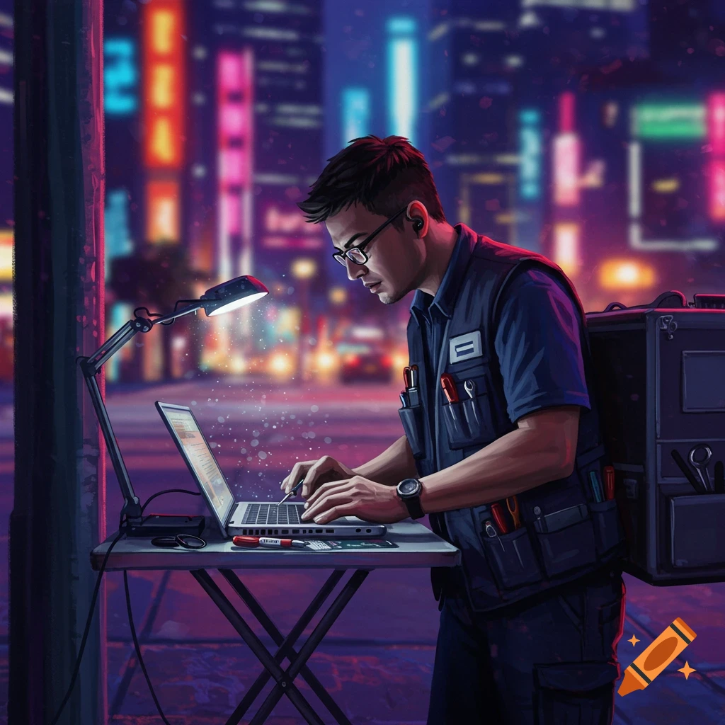 A man with glasses works on a laptop at a small table under a lamp on a neon-lit city street at night.