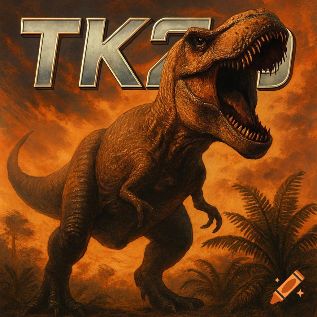 A roaring Tyrannosaurus Rex against an orange, fiery sky, with the metallic text "TKZO" floating above it.