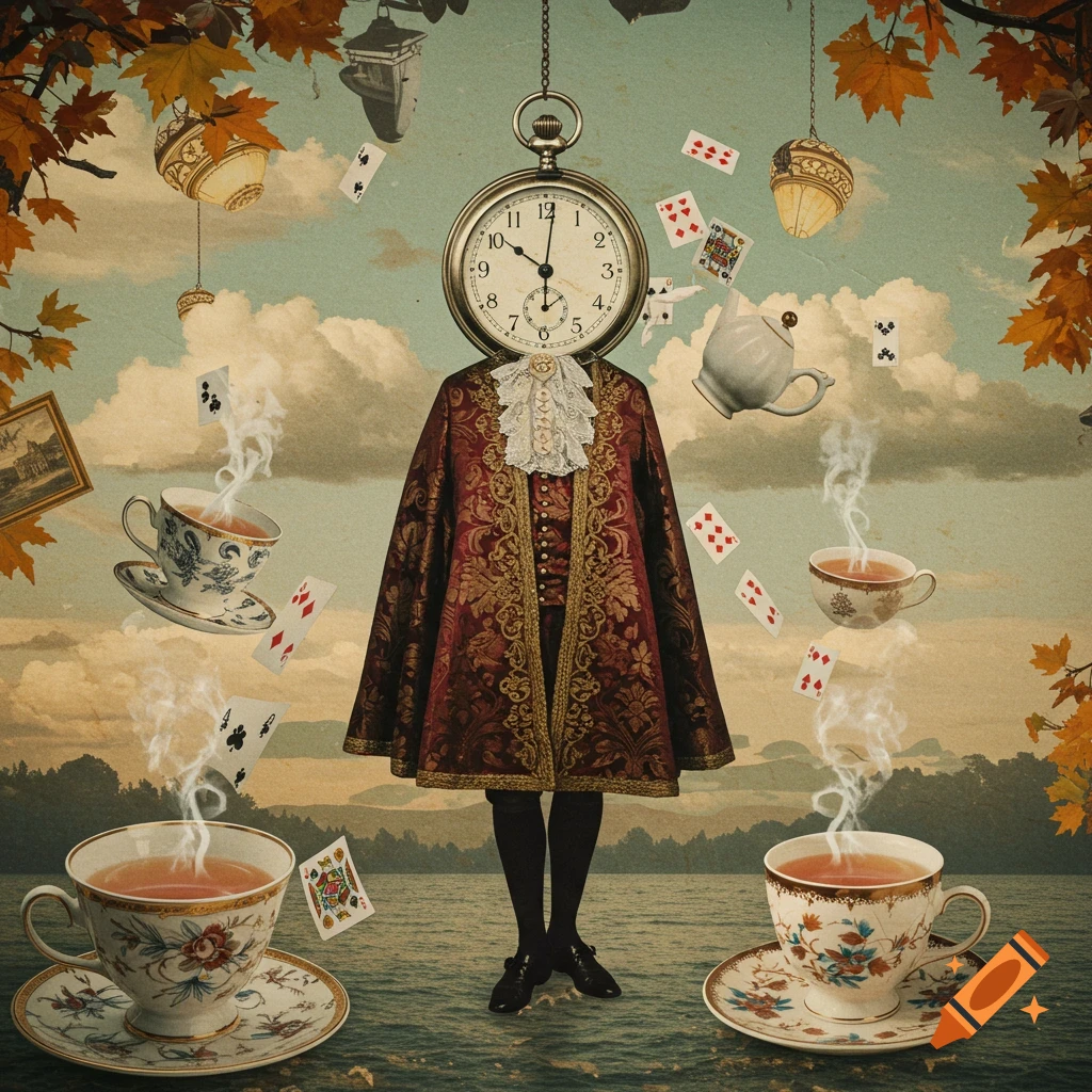 A surreal vintage collage featuring a figure with a pocket watch for a head, dressed in an ornate costume, standing in a lake with floating teacups, playing cards, and autumn leaves.