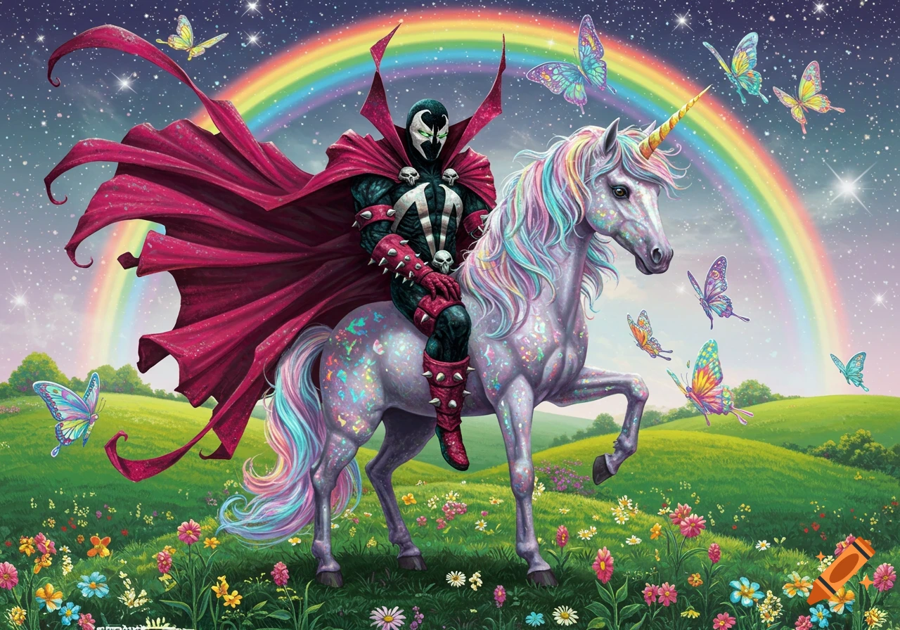 Spawn, in a red cape, rides a glittery unicorn in a colorful field with flowers, a rainbow, and butterflies, in a Lisa Frank style.