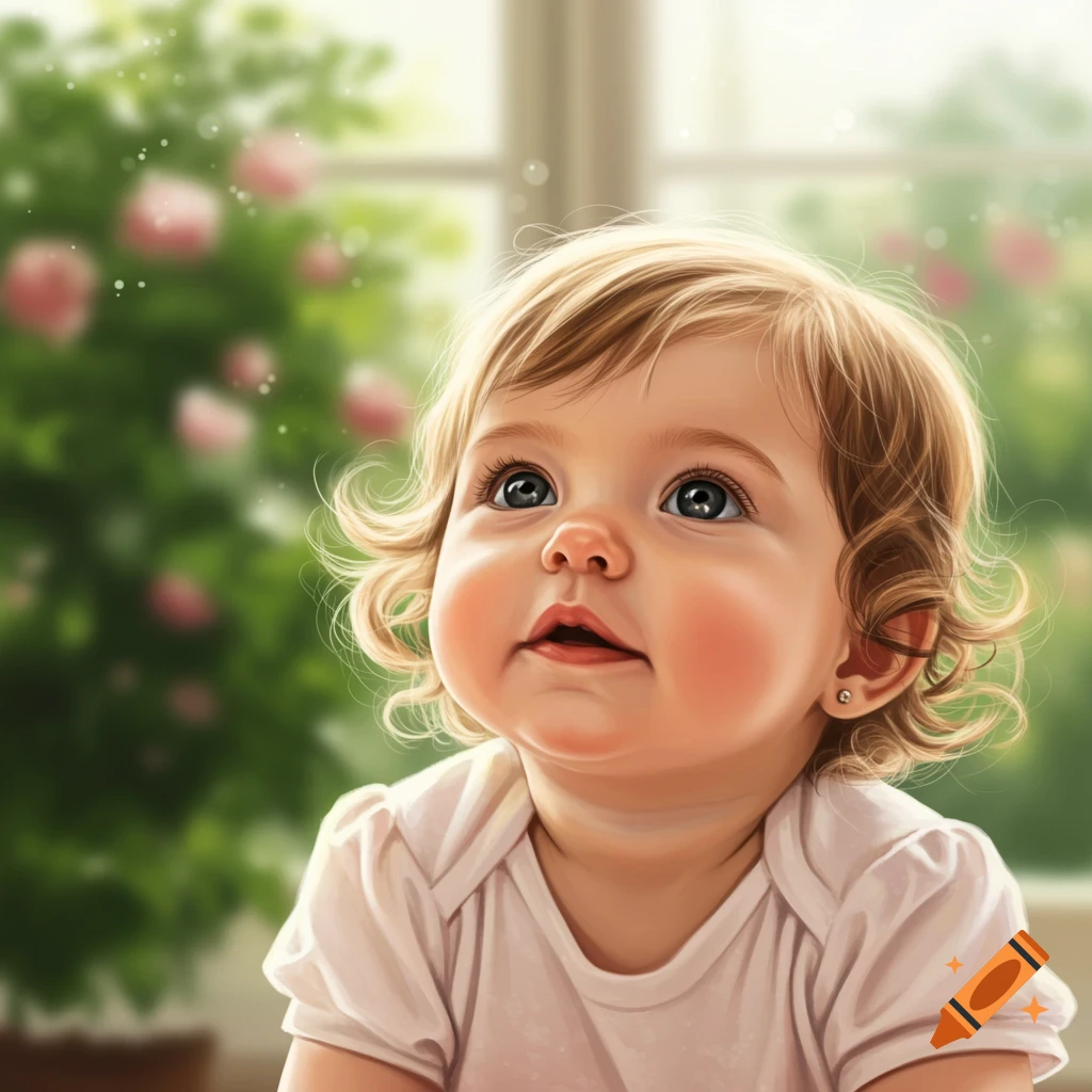 A cute baby with blonde curly hair and blue eyes looking upwards, in a photorealistic style.