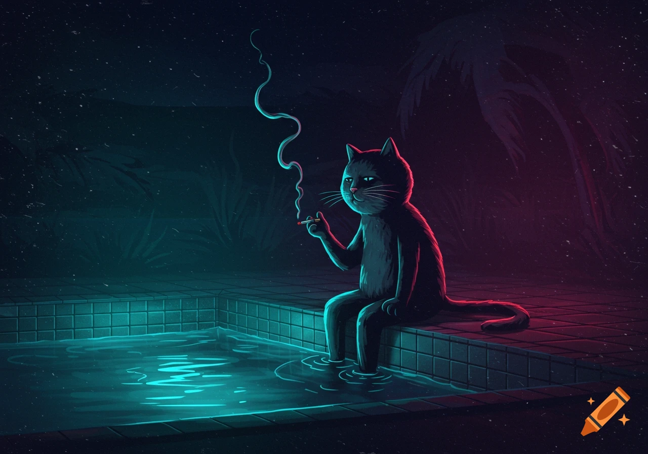 A vintage-style illustration of a cool cartoon cat sitting at the edge of a glowing pool at night, smoking a cigarette.