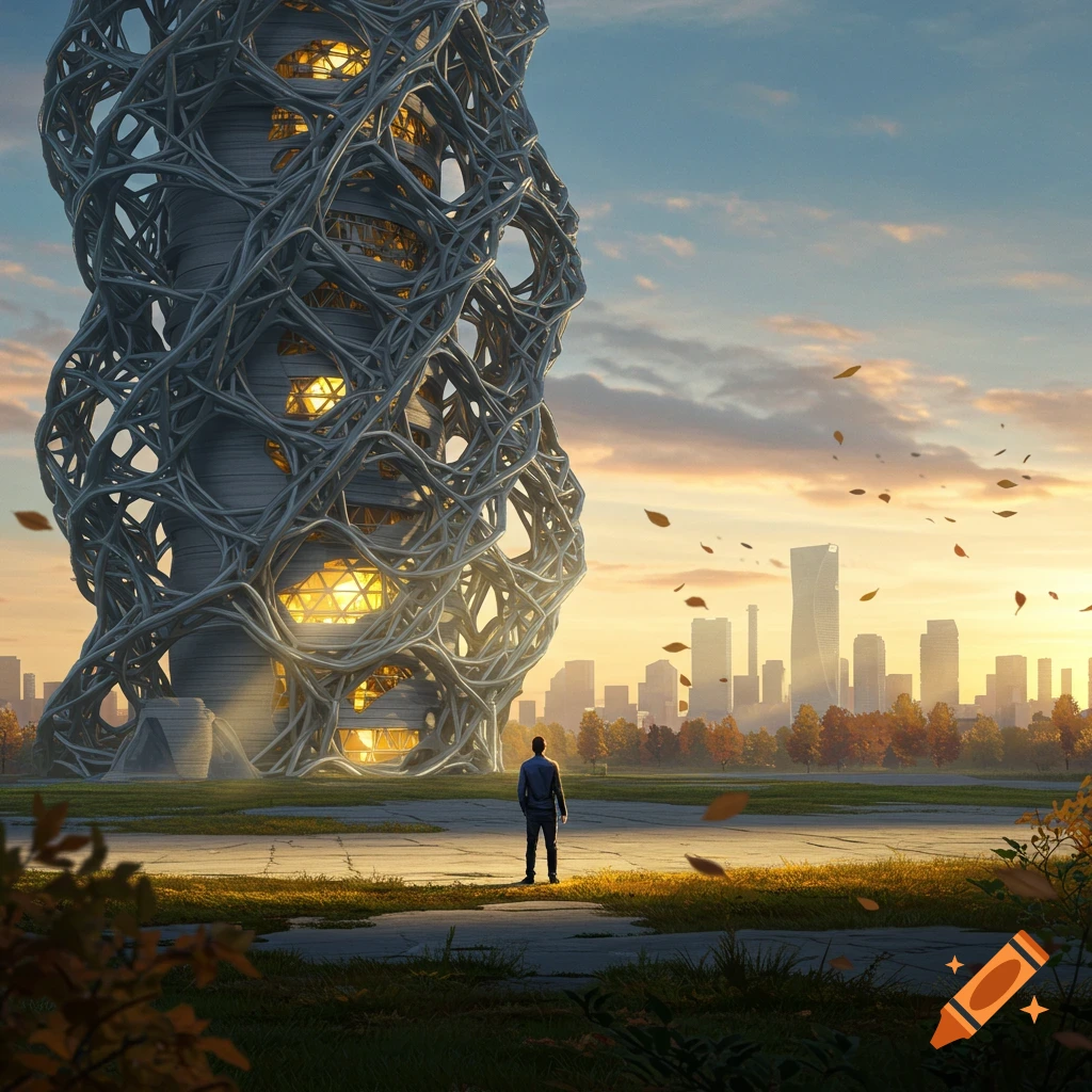 A man stands on a grassy field looking at a massive, intricate, 3D-printed building with illuminated windows, against a city skyline at sunset.