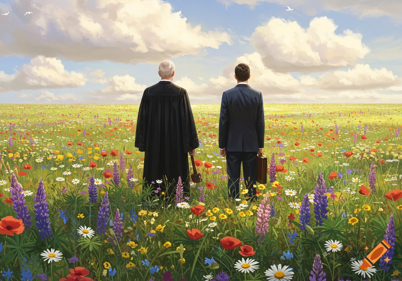 Two men, one a judge and one a lawyer, stand with their backs to the viewer in a colorful wildflower field under a cloudy sky.