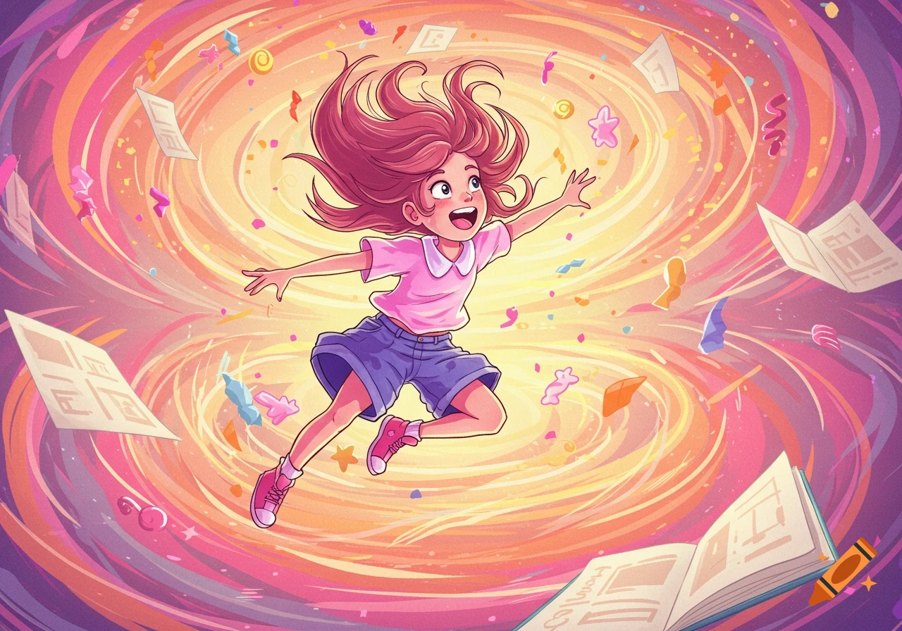 A cartoon girl with pink hair floats in a colorful swirling vortex filled with papers and confetti, reaching out with a joyful expression.