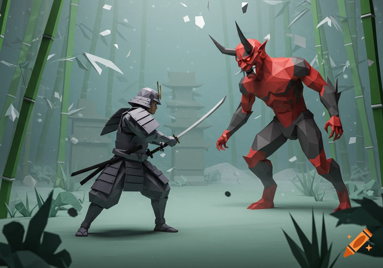 A low-poly origami samurai fighting a red Japanese demon with a sword in a misty bamboo forest.