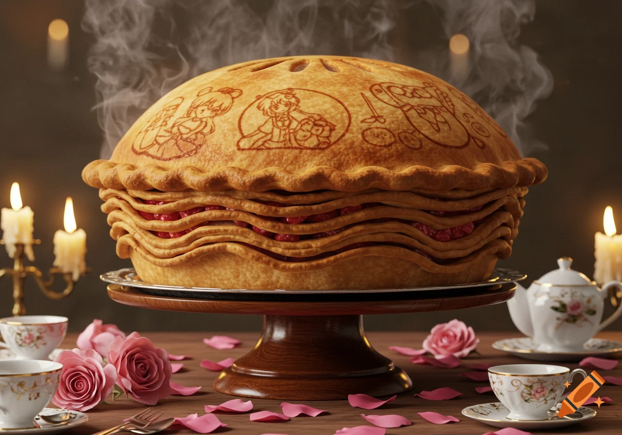 A large, steaming multi-layered pie adorned with anime motifs sits on a table with candles, teacups, and rose petals.