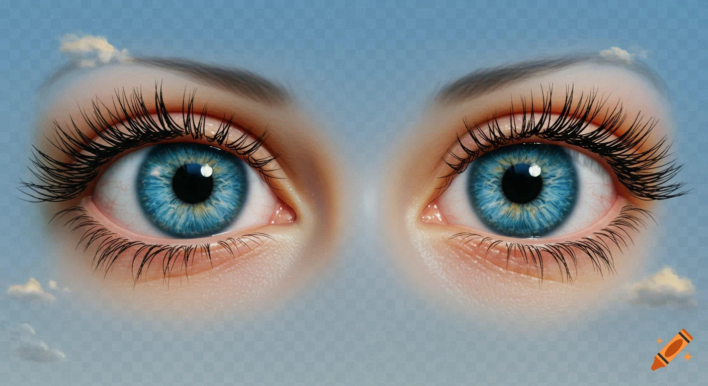 A close-up, surreal depiction of two large, piercing blue human eyes with long eyelashes, floating against a light blue, slightly transparent sky background with subtle white clouds.