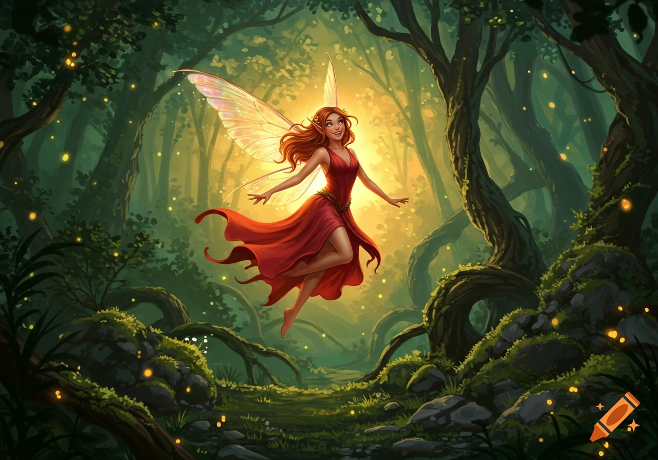 A red-haired fairy in a red dress with glowing wings floats gracefully in a vibrant, mystical forest filled with shimmering lights.