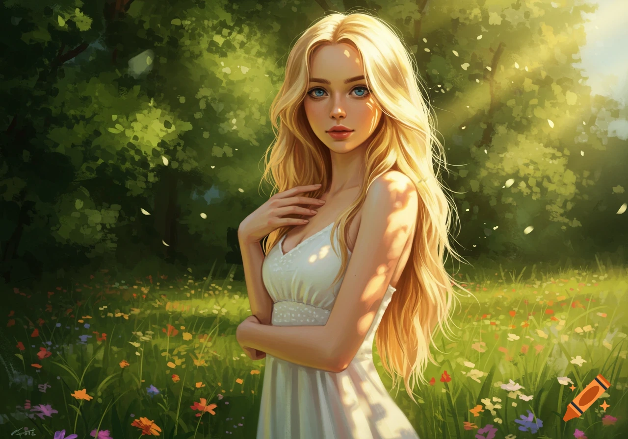 A beautiful blonde woman with blue eyes in a white dress stands in a sunny, flower-filled meadow, fantasy art style.