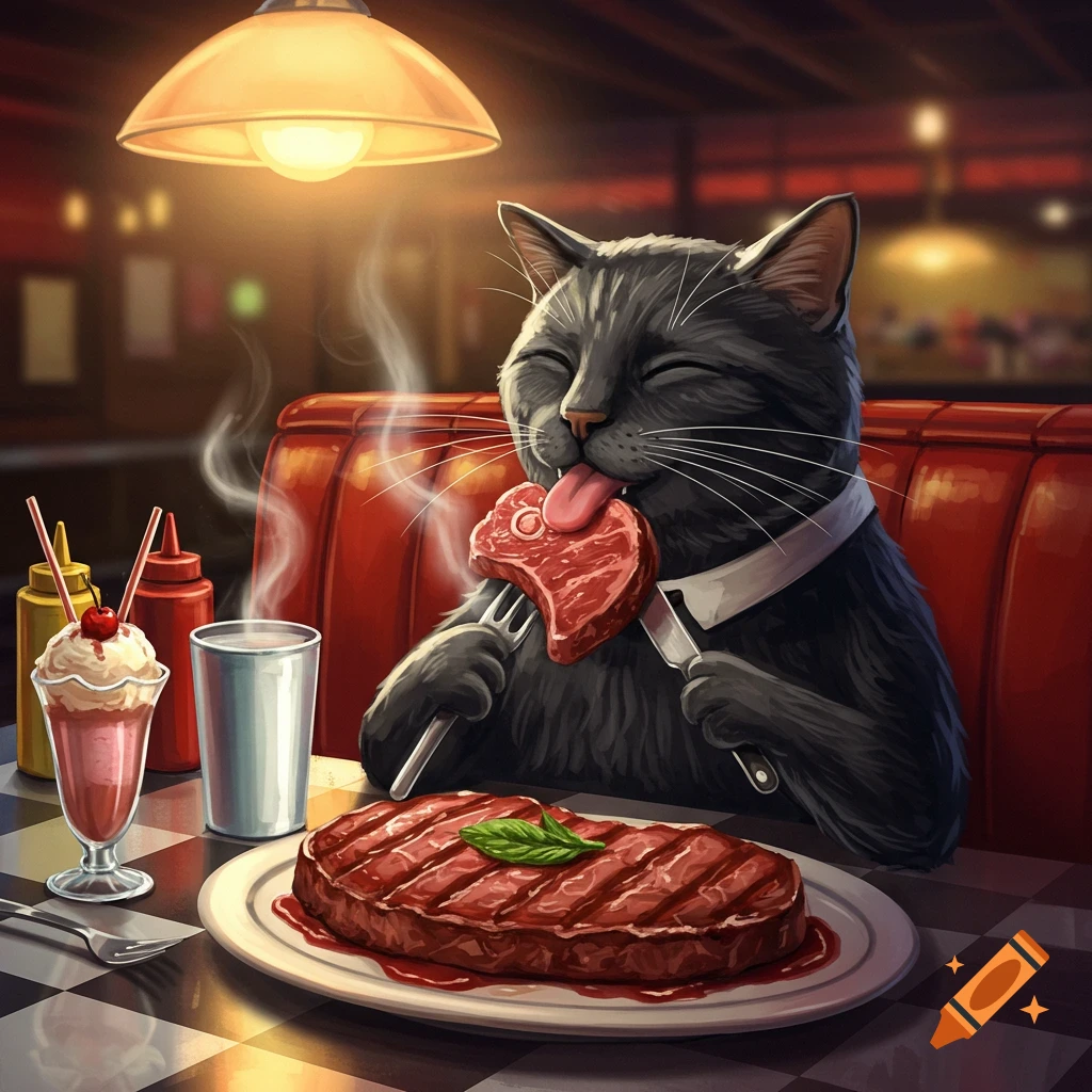 A happy black cartoon cat in a diner eagerly eats a steak with a fork and knife, with a milkshake on the table.