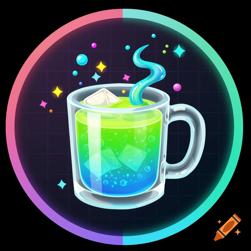 A vibrant green and blue bubbly drink with ice cubes in a clear mug, surrounded by neon rings and floating stars on a dark grid background, designed as a game icon.