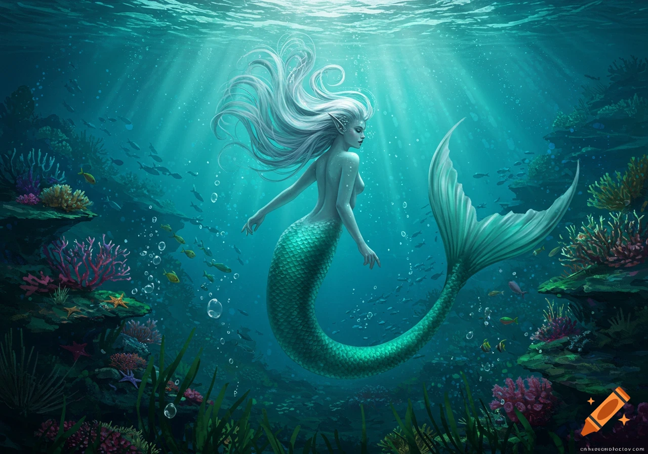 A graceful mermaid with long white hair and a green tail swims in a sunlit underwater coral reef, surrounded by fish.