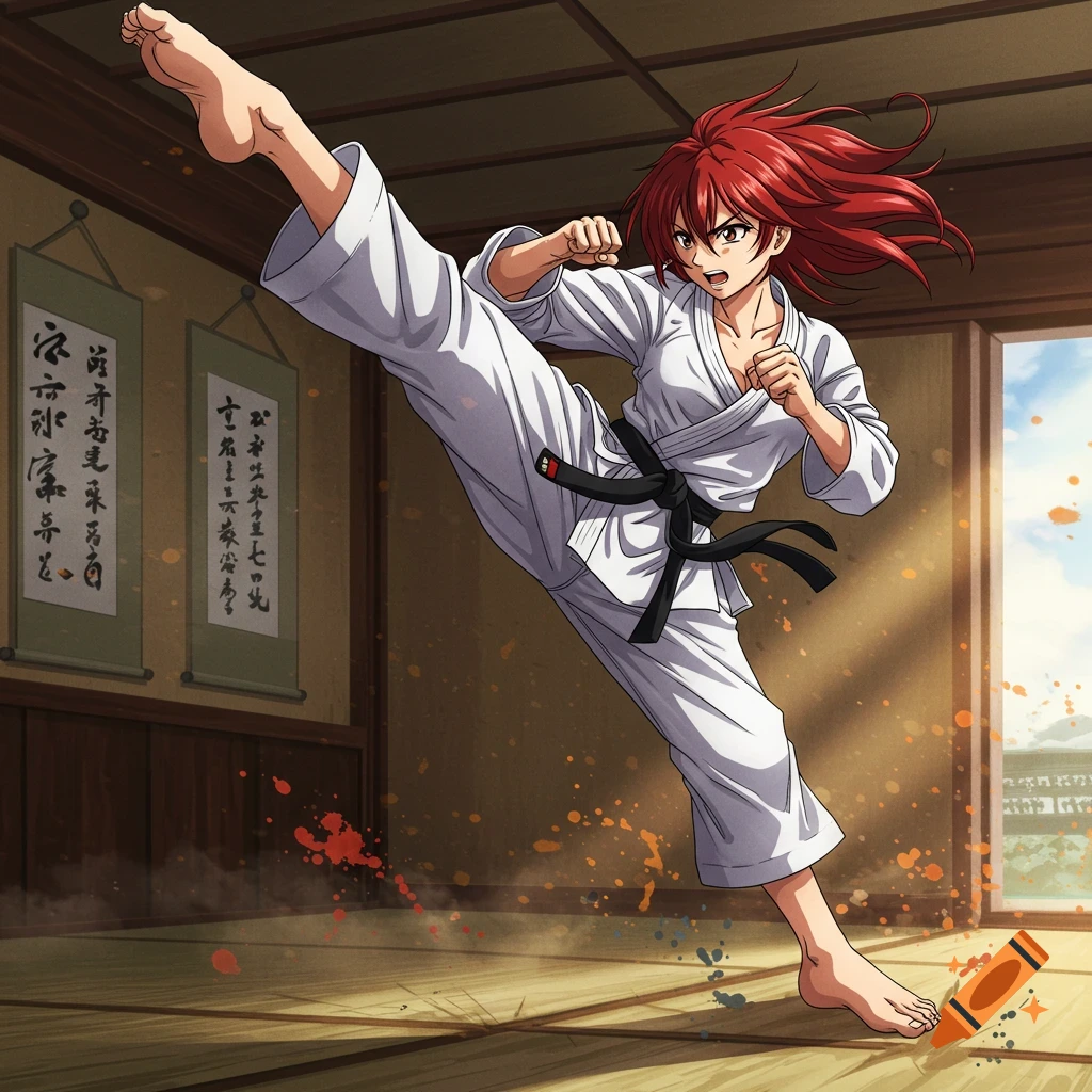 An anime girl with red hair in a white karate gi and black belt performs a high kick in a dojo.