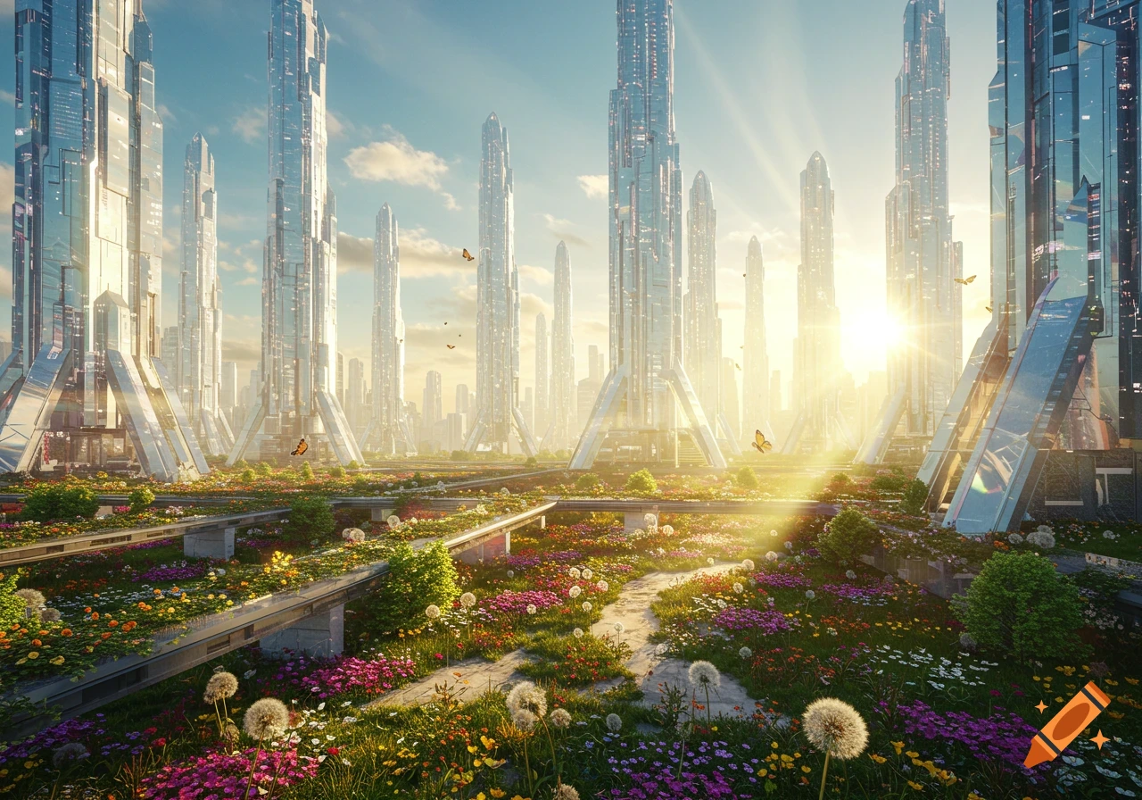 A vibrant futuristic city with tall, reflective skyscrapers surrounded by lush, colorful flowers under golden sun rays.