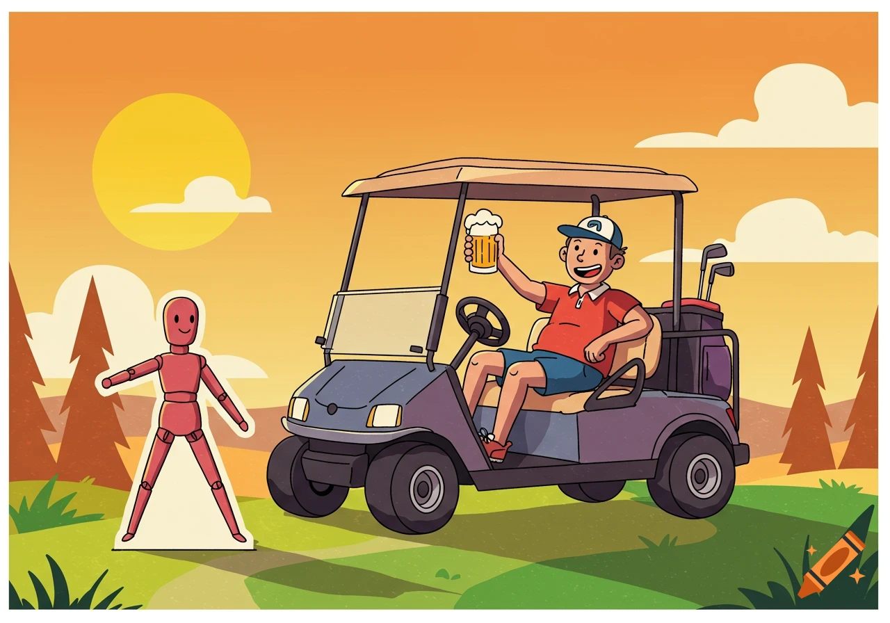 Cartoon man in a golf cart holding a beer, next to a red wooden dummy, on a golf course at sunset.