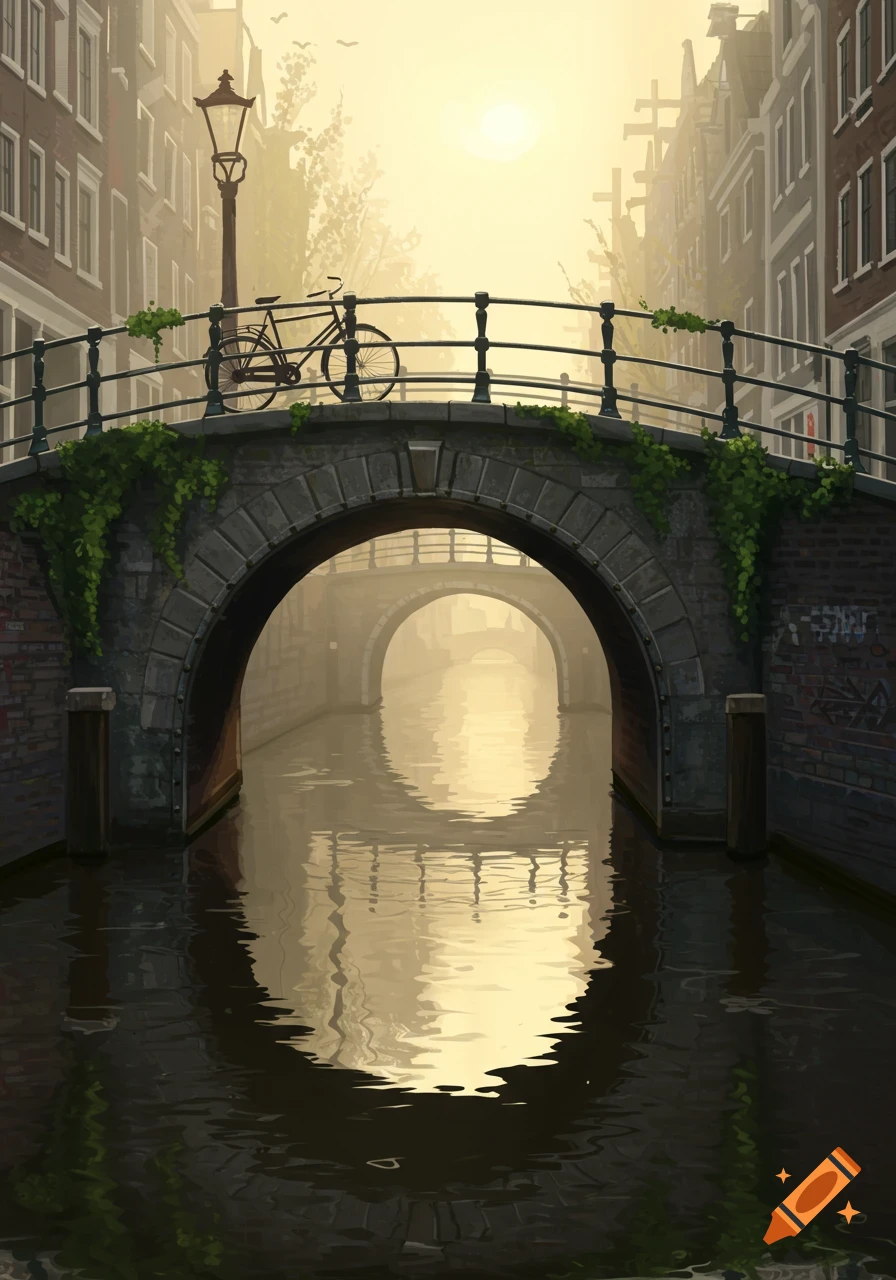 An illustrated urban canal scene with a stone bridge, a bicycle, and buildings, bathed in soft morning light with reflections on the water.