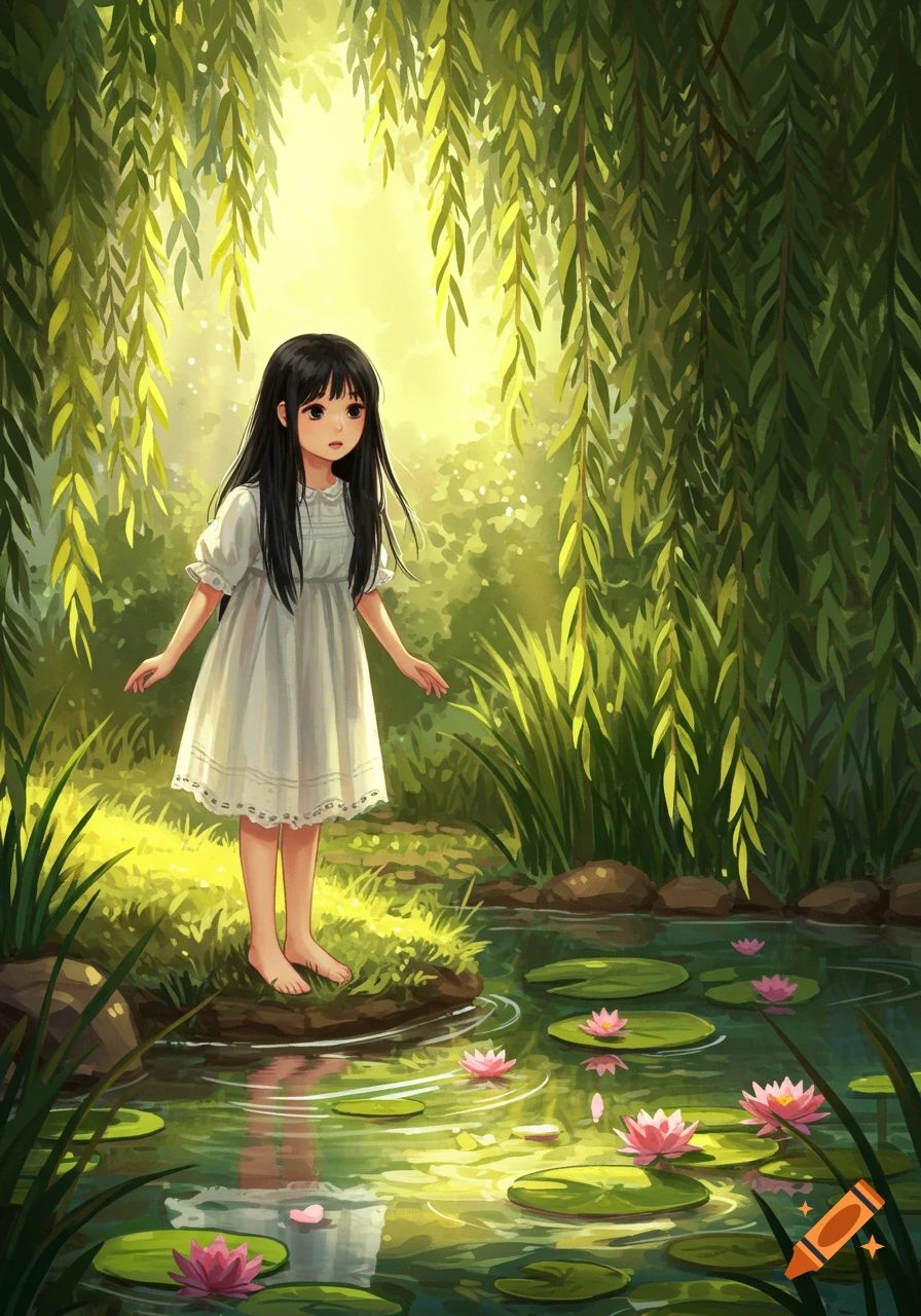 A young girl with long dark hair in a white dress stands by a sunlit pond with pink water lilies under hanging willow branches in an anime style.