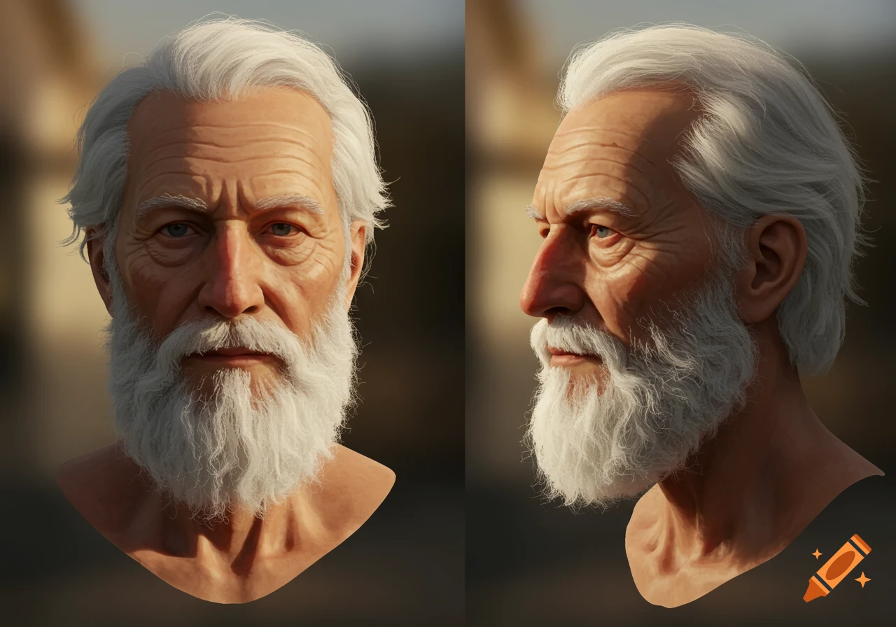 Two realistic busts of an old man with white hair and beard, one from the front and one from the side profile.