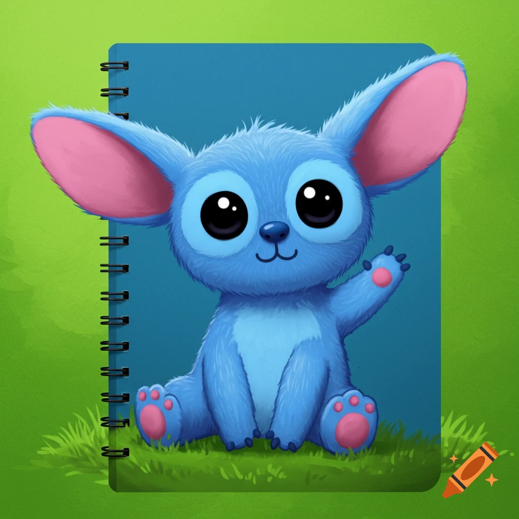 A cute blue furry character with big pink ears and large black eyes sits on green grass on a blue notebook cover, waving.