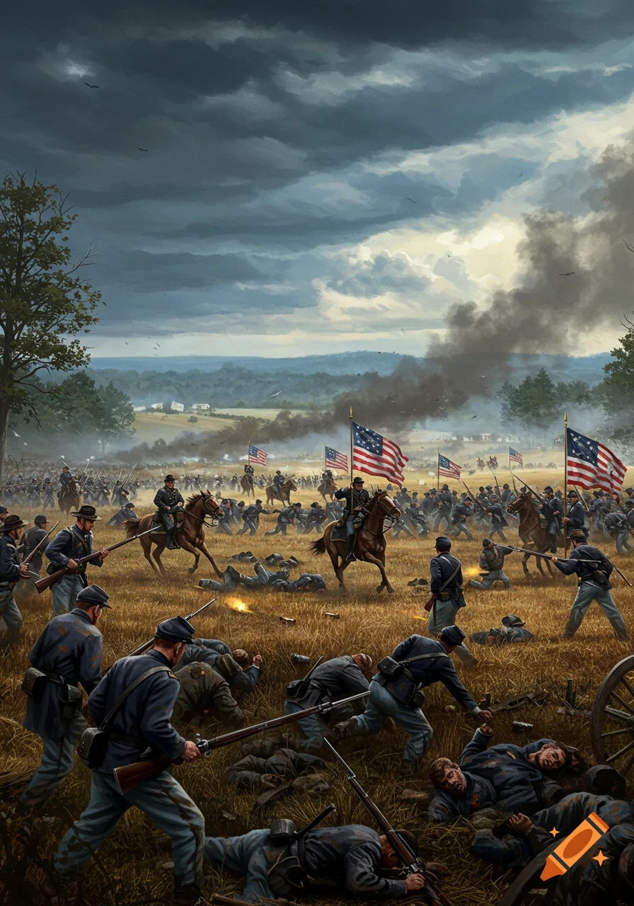 A detailed painting of a Civil War battle, with Union soldiers fighting in a field under a stormy sky, amidst smoke and fallen soldiers.