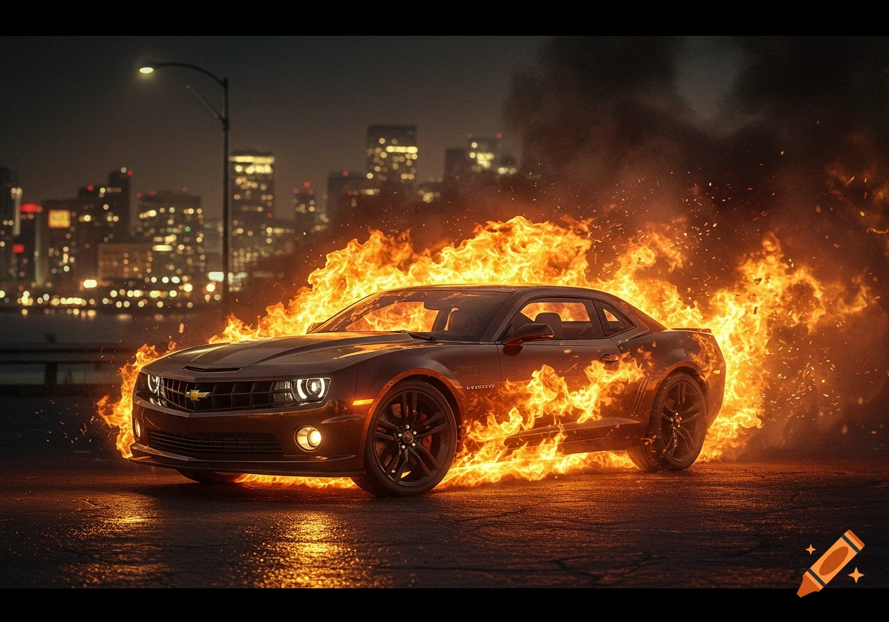 Dark gray Chevrolet Camaro sports car ablaze on a wet street at night, with a city skyline in the background.