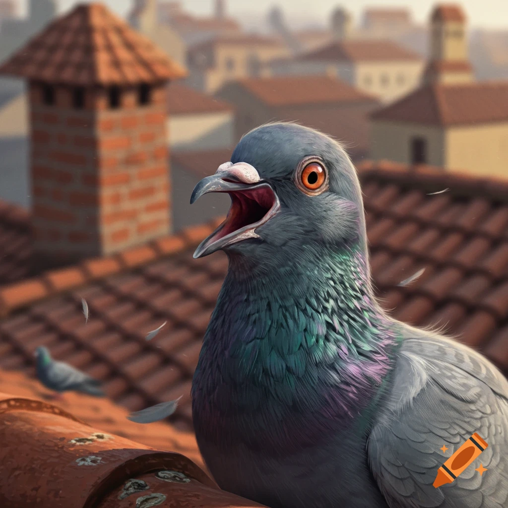 Close-up of a pigeon with its mouth open on a terracotta tiled rooftop, with blurred buildings in the background.