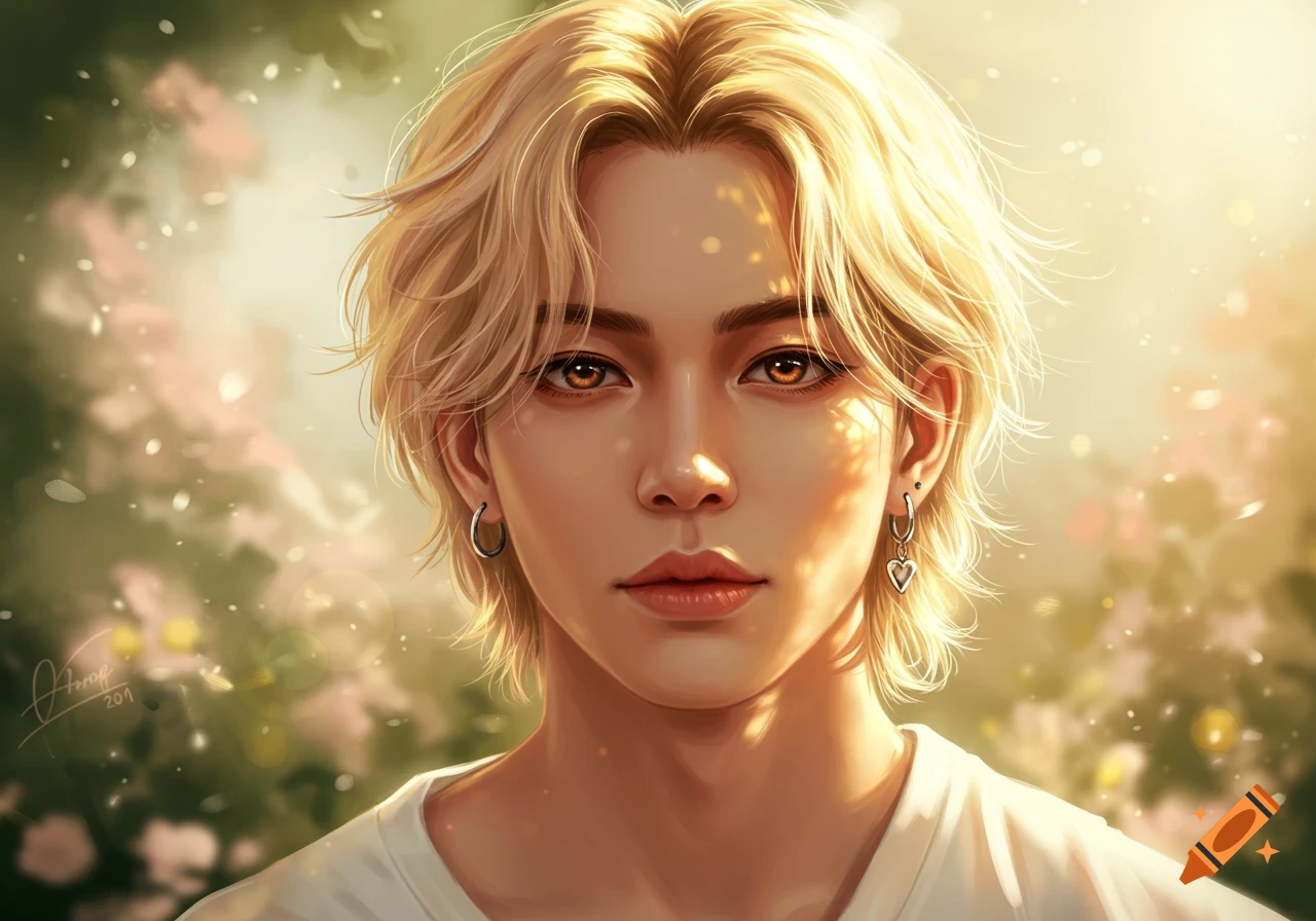Stylized portrait of a person with blonde hair and amber eyes, illuminated by golden sunlight in a soft floral setting.
